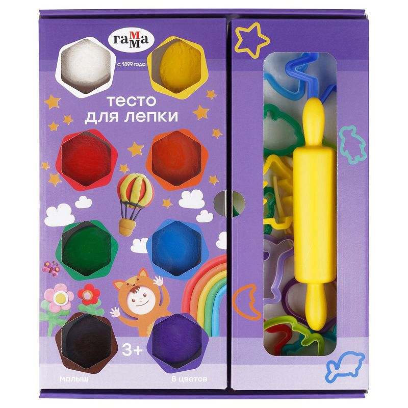 Тесто для лепки Гамма "Малыш", 8 цветов, 480г, формочки, скалка, стек, картоннная упаковка