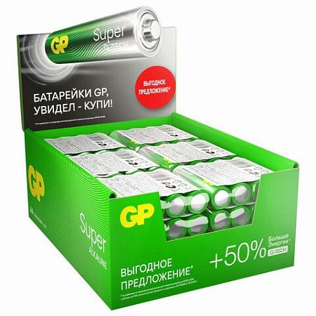 Батарейки КОМПЛЕКТ 4 шт., GP Super, AA (LR06, 15А), алкалиновые, пальчиковые, в пленке, 15ARS-2SB4