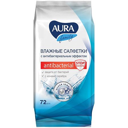 Салфетки влажные Aura "Family", 72шт., антибактериальные, для всей семьи 