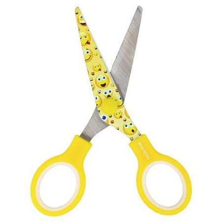 Ножницы BRAUBERG "Kid Series", 130 мм жёлто-белые с цветной печатью "Смайлики", закругленные, 232274 
