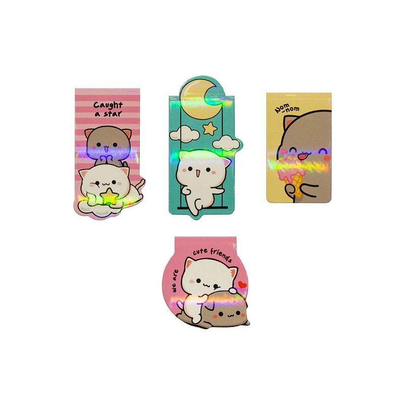 Закладки магнитные для книг, 4шт., MESHU "Cute kittens", ламинация с блестками 