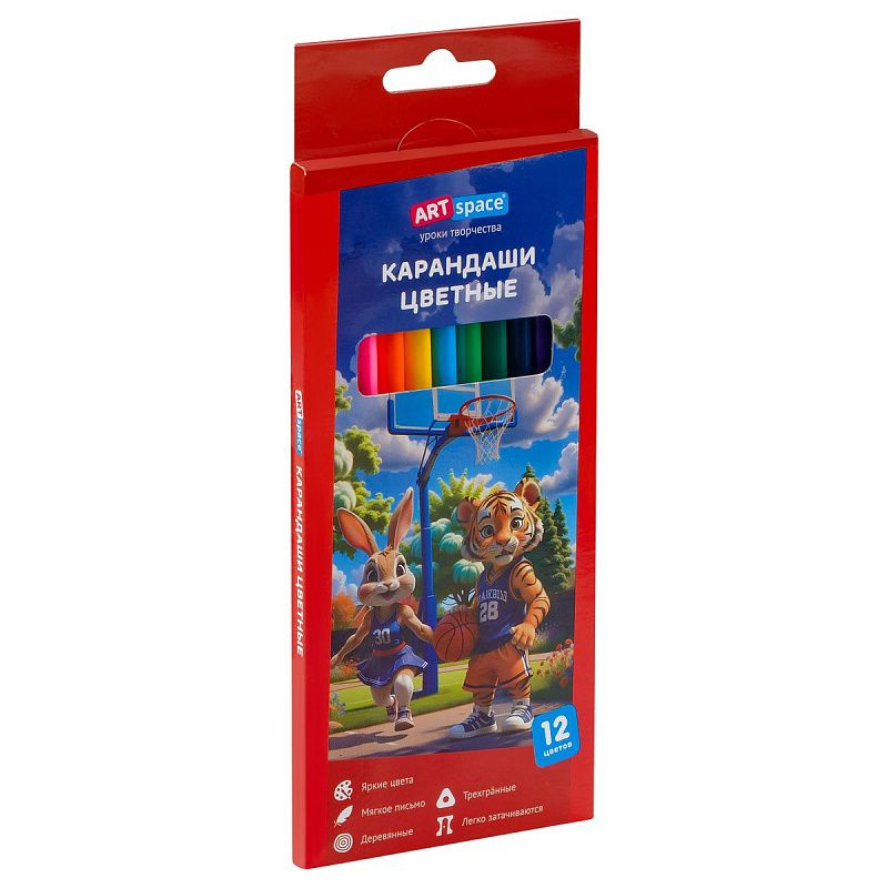 Карандаши цветные ArtSpace "School mood", 12цв., трехгранные, заточен., картон. упак., европодвес