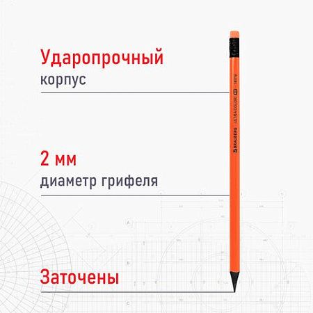 Набор карандашей чернографитных BRAUBERG "ULTRA COLOR" 12 шт., HB, с ластиком, пластиковые, 181710 