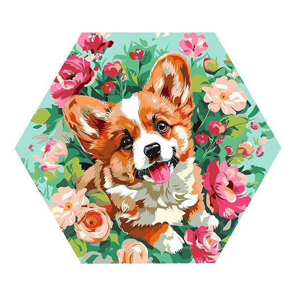 Картина по номерам на фигурном холсте ТРИ СОВЫ "Корги в цветах", форма многоугольник, с акриловыми красками и кистями