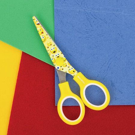 Ножницы BRAUBERG "Kid Series", 130 мм жёлто-белые с цветной печатью "Смайлики", закругленные, 232274 