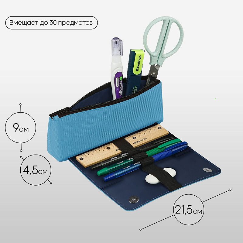 Пенал мягкий 1 отделение, 215*90*45 мм, Berlingo "Light blue focus", полиэстер, внутренний органайзер, магнит 