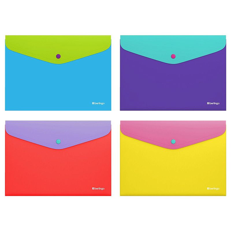 Папка-конверт на кнопке Berlingo "Raze" А4, 200мкм, софт-тач, с цветным клапаном, ассорти 