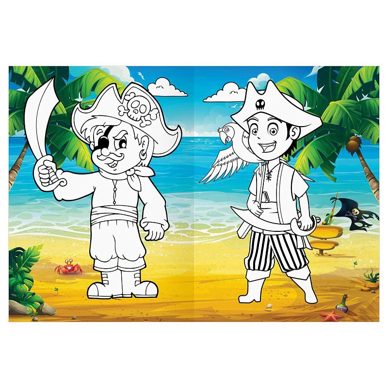 Раскраска с цв. фоном А4, 16 стр., ТРИ СОВЫ "Остров сокровищ"