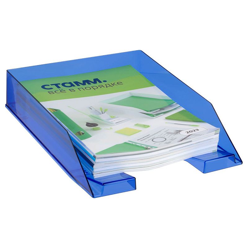 Лоток для бумаг горизонтальный СТАММ "Фаворит", тонированный синий