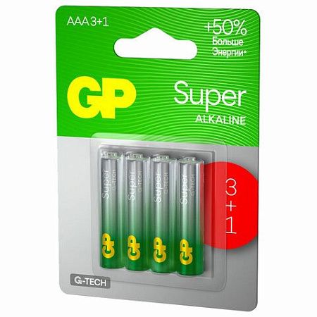 Батарейки GP Super, AAA (LR03, 24А), алкалиновые, мизинчиковые, КОМПЛЕКТ 4 шт., ПРОМО 3+1, 24A3/1-2CR4