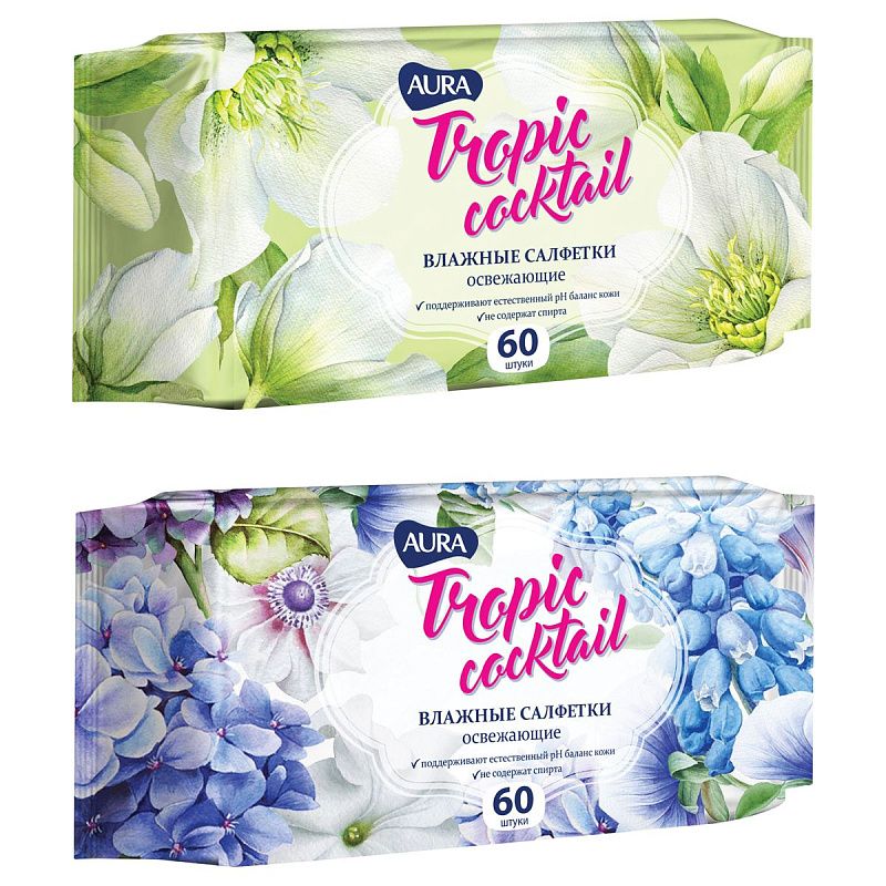 Салфетки влажные Aura "Tropic coctail", 60шт., освежающие 