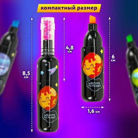 Набор текстовыделителей ЮНЛАНДИЯ "КОСМОС", 6 НЕОНОВЫХ ЦВЕТОВ, линия письма 1-5 мм, 152512 