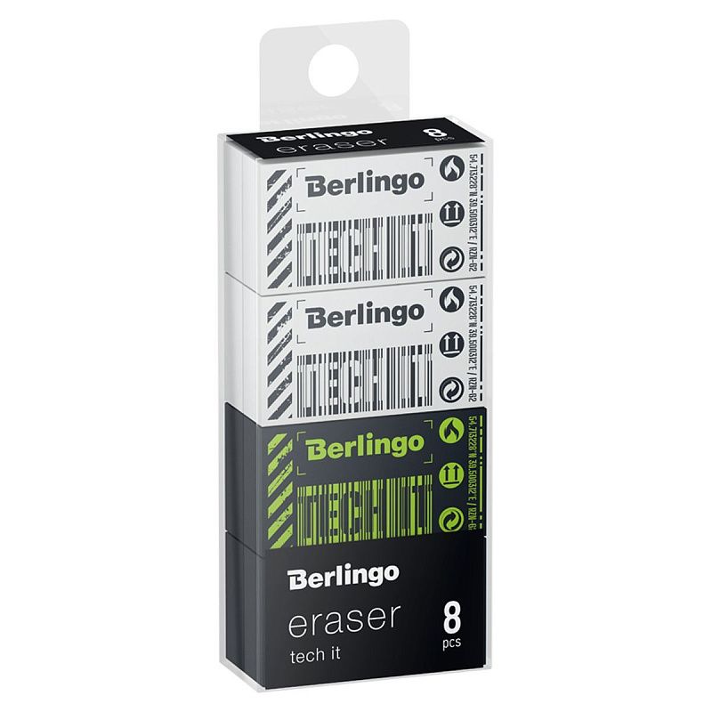Ластик Berlingo "Tech it", 8шт., прямоугольный, 45*25*10мм, PVC бокс