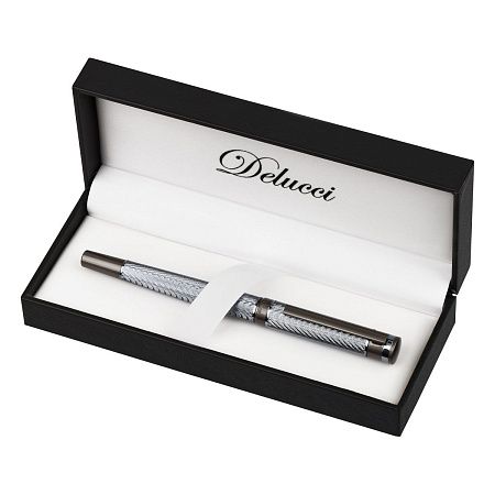 Ручка перьевая Delucci "Stellato" черная, 0,8мм, корпус серебро/хром, подарочный футляр 