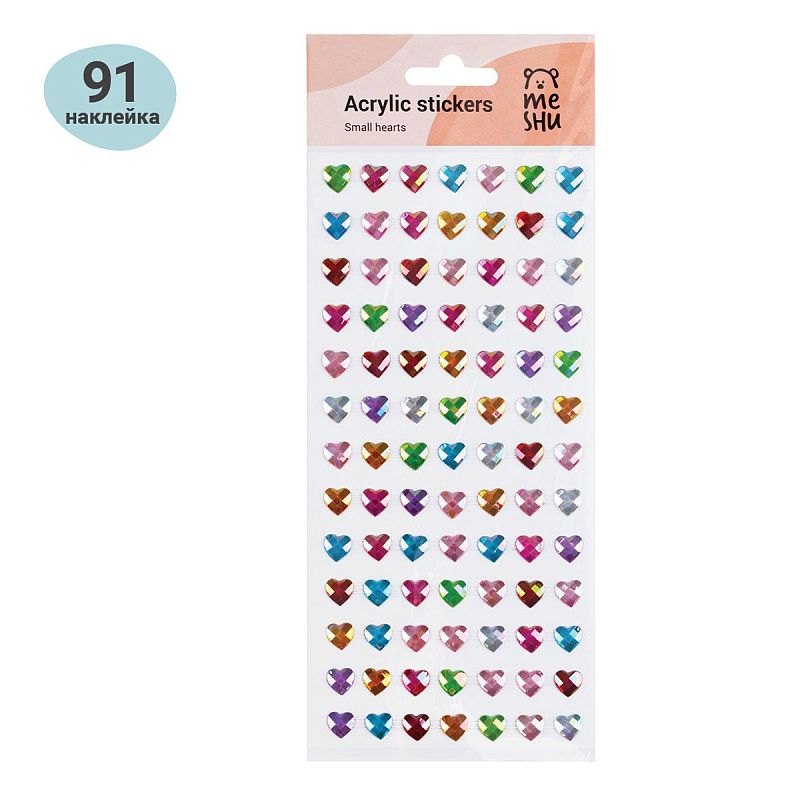 Наклейки акриловые MESHU "Small hearts", 25*10см, стразы, 91 наклейка, инд. уп., европодвес