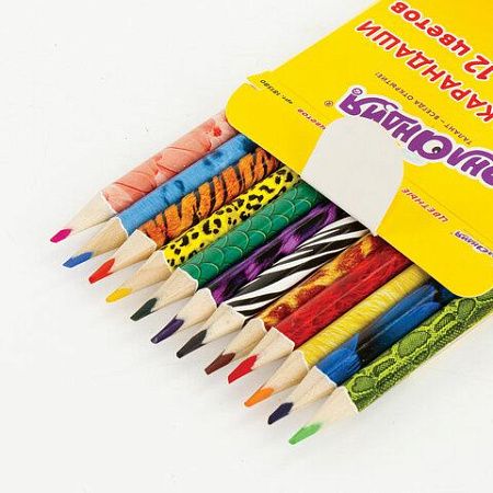 Карандаши цветные мягкие ЮНЛАНДИЯ "САФАРИ", 12 цветов, корпус с печатью, трехгранные, с раскраской, 181580