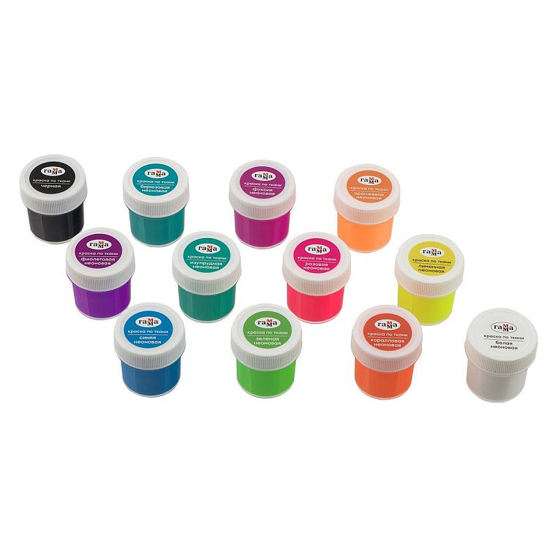 Краски по ткани акриловые Гамма "Хобби", 12 цветов., 20мл, неоновые цвета, картон. упаковка