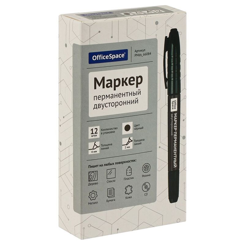 Маркер перманентный OfficeSpace двусторонний, черный, круглый наконечник, 2/4мм 