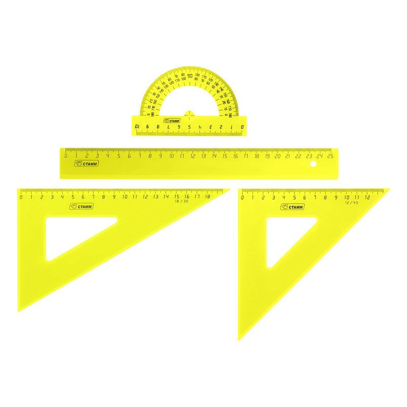 Набор чертежный СТАММ, размер L (линейка 25см, 2 треугольника, транспортир), прозрачный, неоновые цвета, ассорти, европодвес 