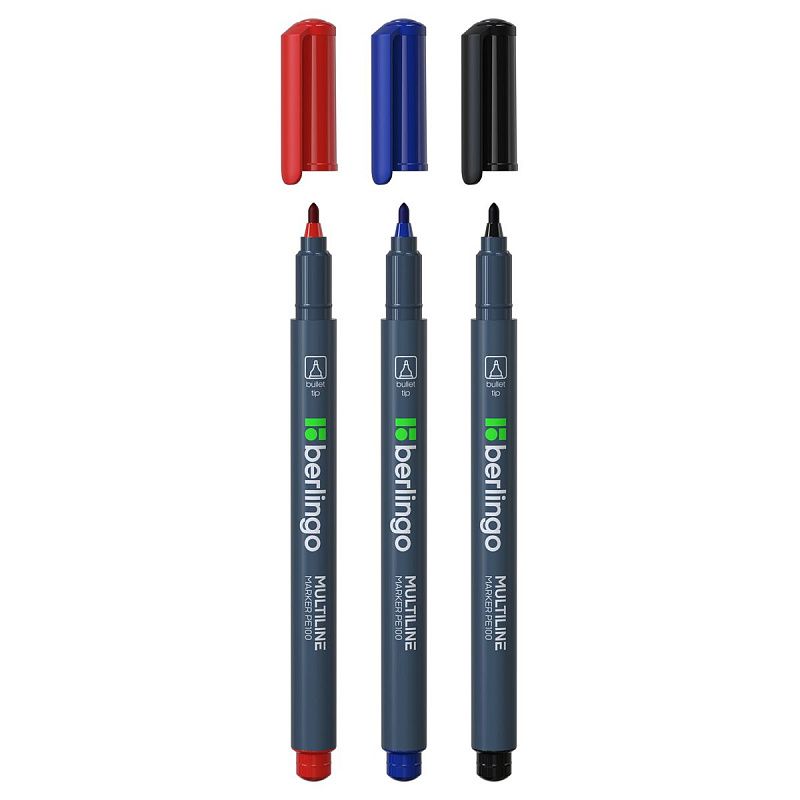 Набор перманентных маркеров Berlingo "Multiline PE100" 03цв., пулевидный, 1,0мм, блистер 