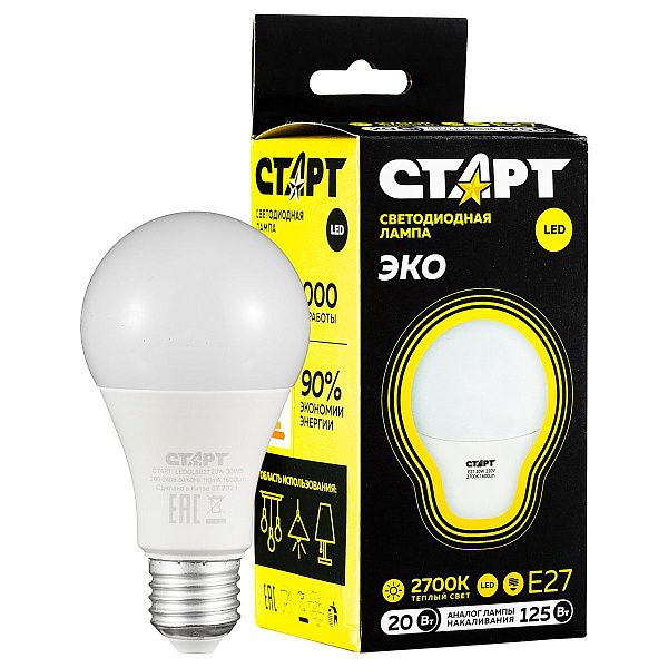Лампа светодиодная Старт LED, серия "WS" 20W30, тип А "груша", E27, 2700К, теплый свет, 25000ч