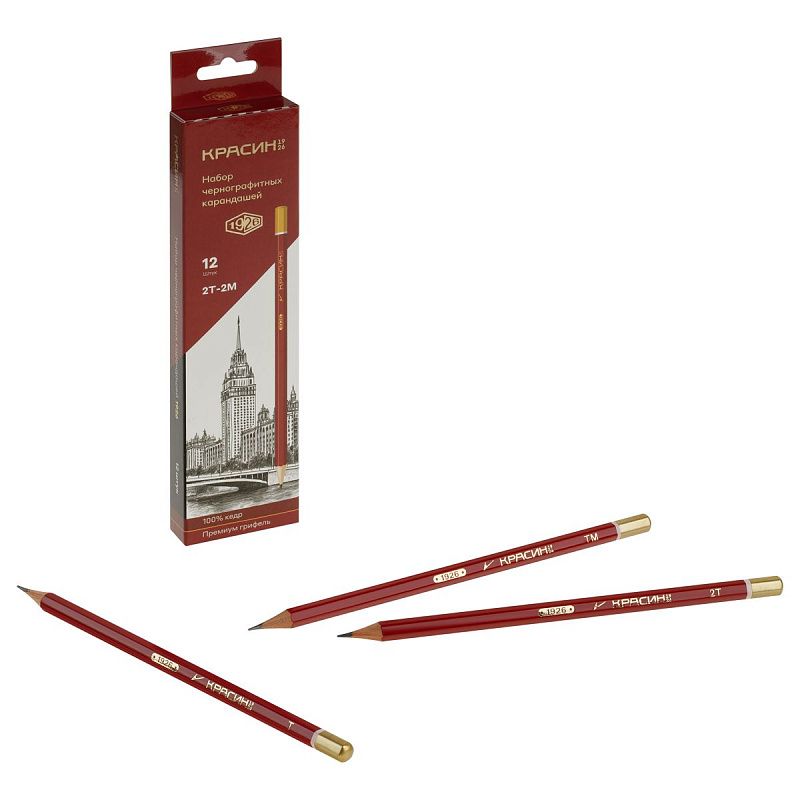 Набор карандашей ч/г Красин "1926" 12шт., 2Т(H)-2М(B), кедр, заточен., карт.пенал, европодвес 