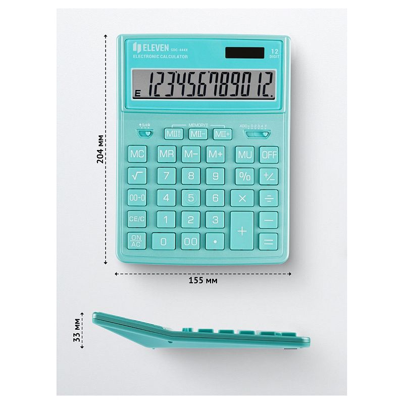 Калькулятор настольный Eleven SDC-444X-GN, 12 разрядов, двойное питание, 155*204*33мм, бирюзовый