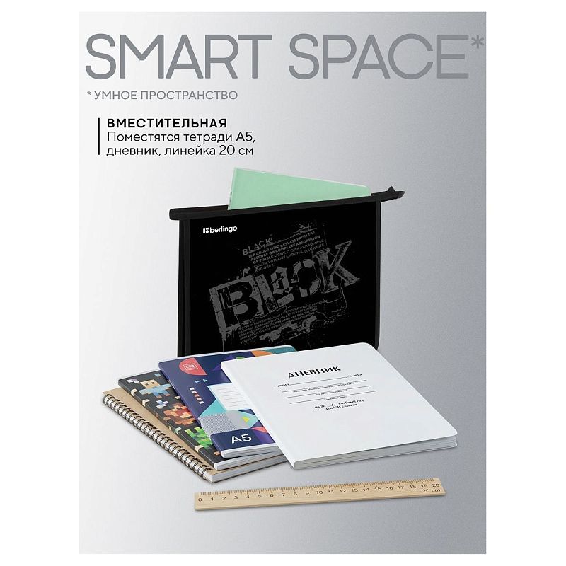 Папка для тетрадей 1 отделение, А5 Berlingo "Black", 240*205*40мм, пластик, на молнии 