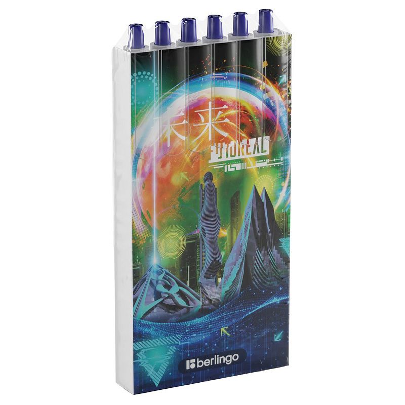 Ручка шариковая автоматическая Berlingo "Futureal" синяя, 0,7мм, грип, рисунок на корпусе,soft touch, 6шт., пластиковый пенал 