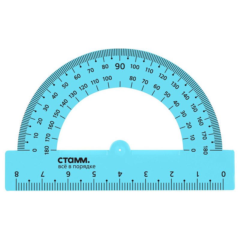 Транспортир 8см, 180° СТАММ, пластиковый, прозрачный, неоновые цвета, ассорти 