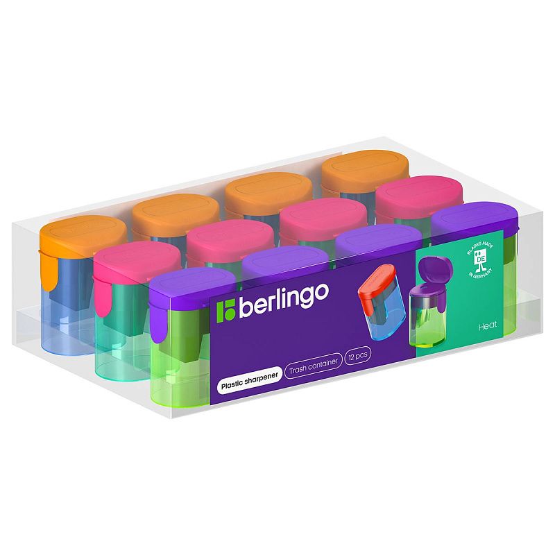 Точилка пластиковая Berlingo "Heat" 1 отверстие, контейнер, ассорти 