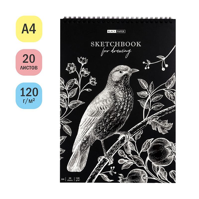 Скетчбук 20л., А4 ArtSpace "Black line. Bird", на гребне, черный блок, 120г/м2