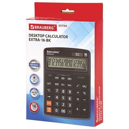Калькулятор настольный BRAUBERG EXTRA-16-BK (206x155 мм), 16 разрядов, двойное питание, ЧЕРНЫЙ, 250475