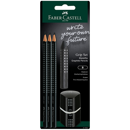 Набор карандашей ч/г Faber-Castell "Grip 2001" 3шт., трехран., заточен., ластик, точилка, черный блистер