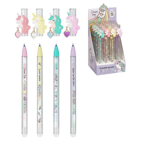 Ручка гелевая стираемая MESHU "Lovely unicorn" синяя, 0,5мм, корпус ассорти, с топпером
