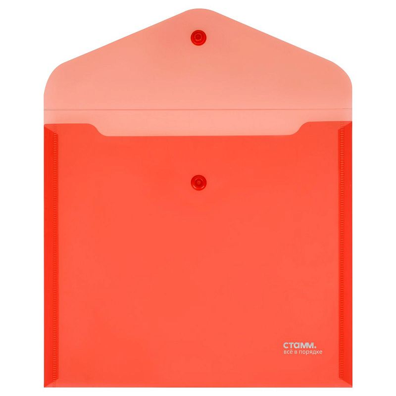 Папка-конверт на кнопке СТАММ А5+, 180мкм, пластик, прозрачная, красная 