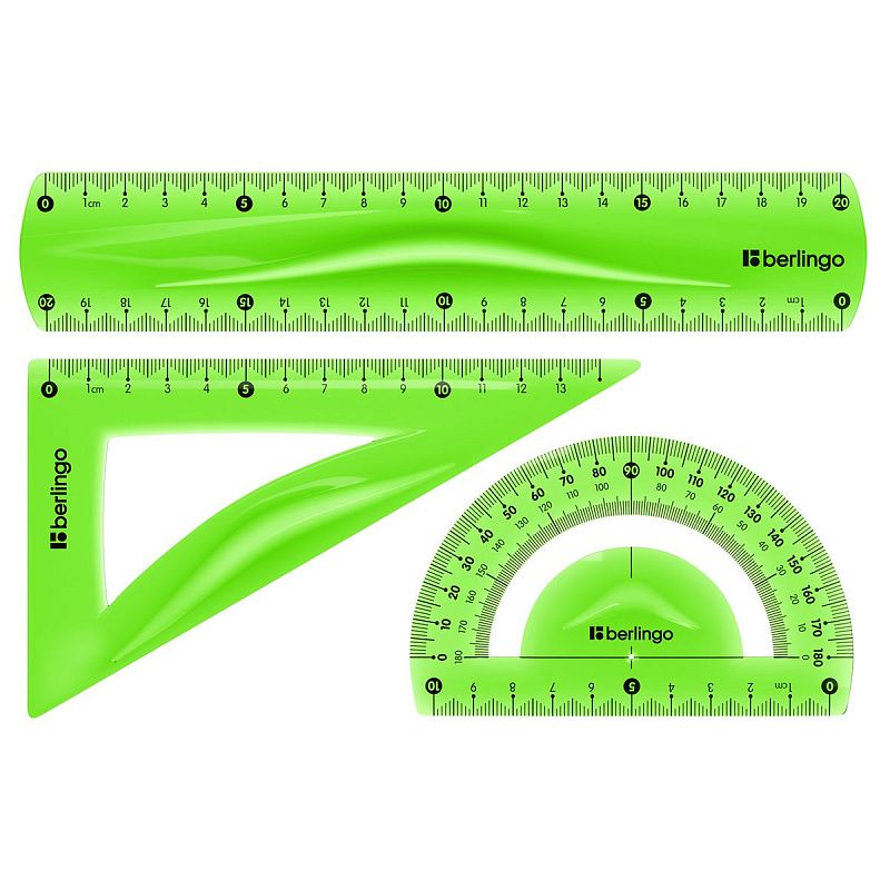 Набор чертежный средний Berlingo "Flexy" (треуг. 14см, линейка 20см, транспортир) гибкий, ассорти, европодвес 