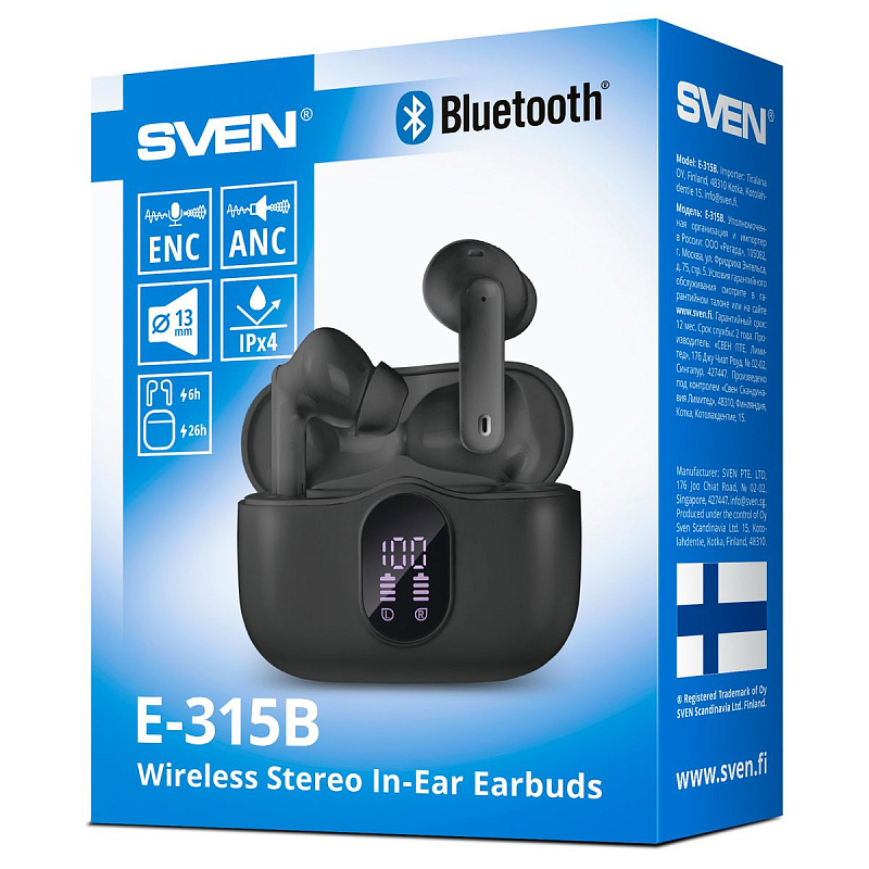 Наушники с микрофоном беспроводные Sven E-315B, TWS Bluetooth, разъем Type-C, черный