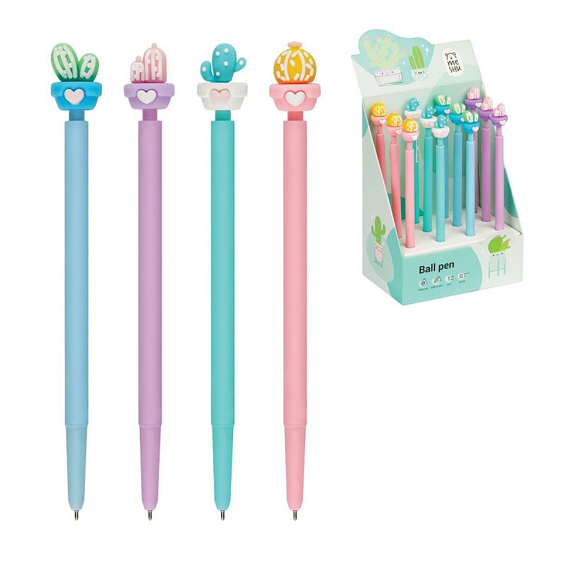 Ручка шариковая автоматическая MESHU "Lovely Cactus" синяя, 0,7мм, корпус ассорти, с топпером 