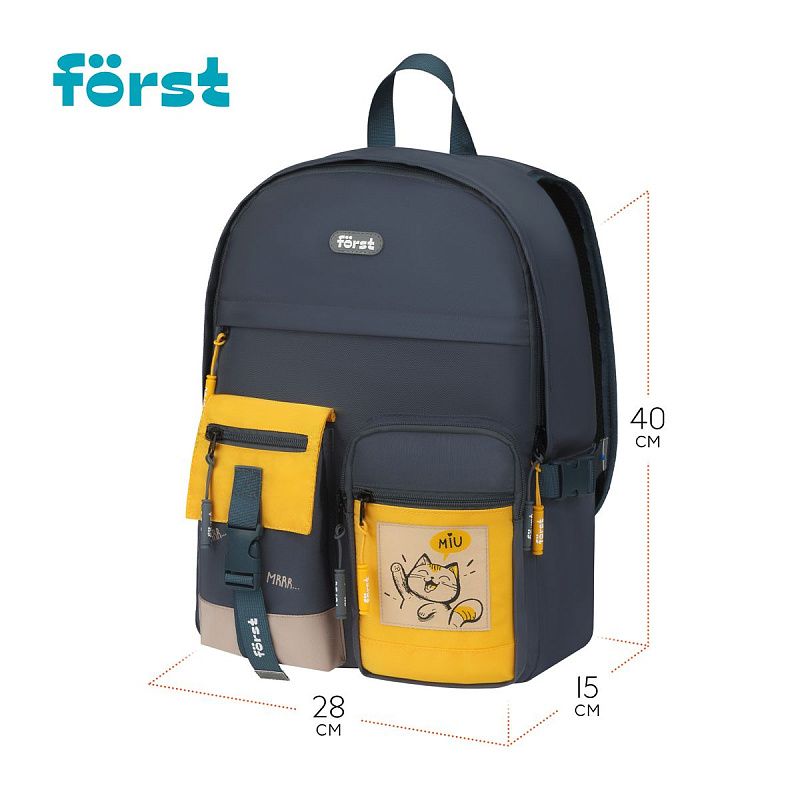 Рюкзак Först F-Teens "Hi, Cat!" 40*28*15см, 1 отделение, 7 карманов, уплотненная спинка 