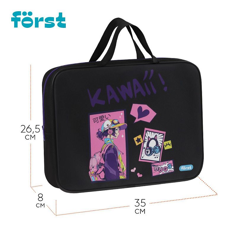 Папка текстильная с ручками 1 отделение, А4 Först "Kawaii", 350*265*80мм, текстиль, на молнии 