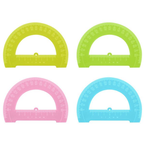 Транспортир 12см, 180° СТАММ, пластиковый, отливная шкала, прозрачный, неоновые цвета, ассорти