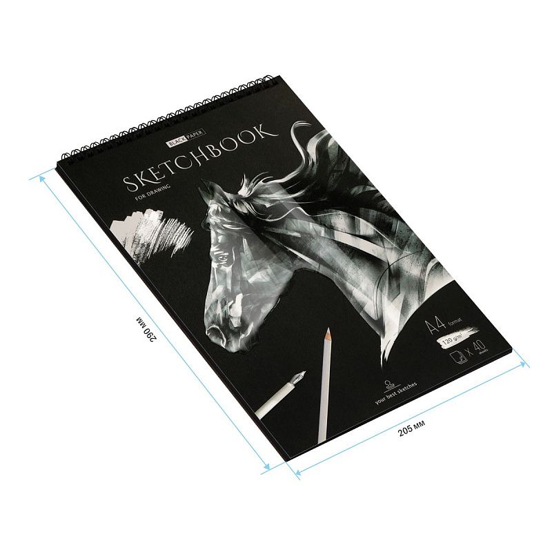Скетчбук 40л., А4 ArtSpace "Black line. Horse", на гребне, черный блок, 120г/м2