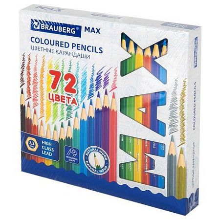 Карандаши цветные супермягкие яркие классические BRAUBERG MAX, 72 цвета, грифель 3,3 мм, 181861