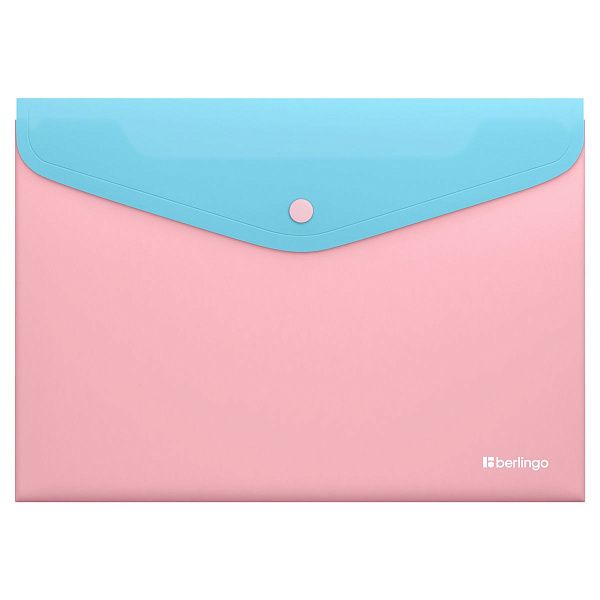 Папка-конверт на кнопке Berlingo "Haze" А4, 200мкм, софт-тач, с цветным клапаном, голубая/розовая