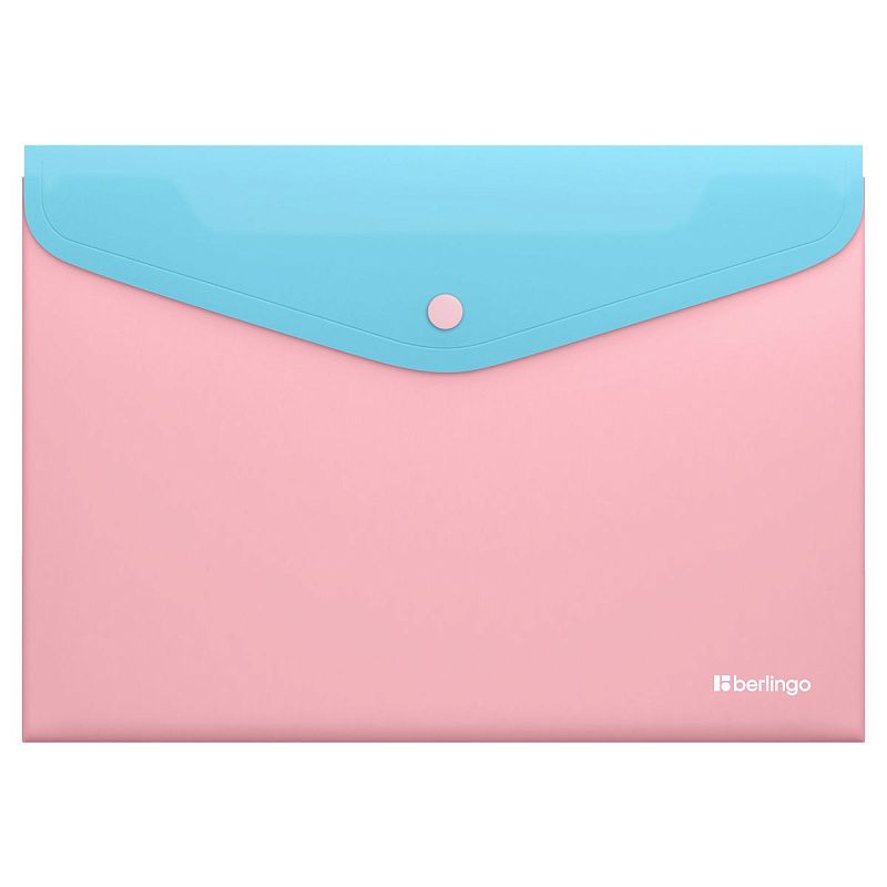 Папка-конверт на кнопке Berlingo "Haze" А4, 200мкм, софт-тач, с цветным клапаном, голубая/розовая