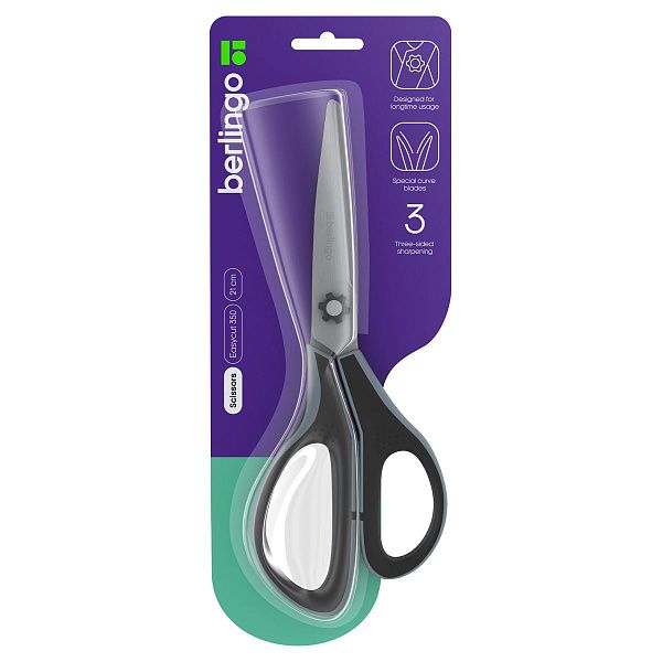 Ножницы Berlingo "Easycut 350", 21см, серые, эргономичные ручки, мягкие вставки, европодвес Ножницы Berlingo "Easycut 350", 21см, серые, эргономичные ручки, мягкие вставки, европодвес