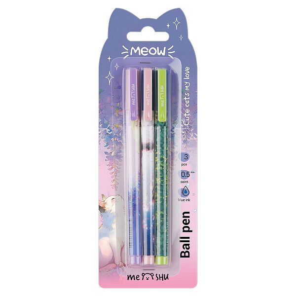Ручка шариковая MESHU "Meow spring" 3шт., синие, 0,5мм, блистер