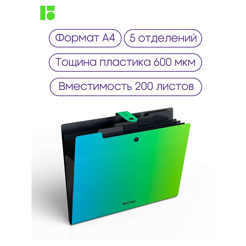 Папка 5 отделений Berlingo "Radiance", А4, 600мкм, на кнопке, голубой/зеленый градиент 