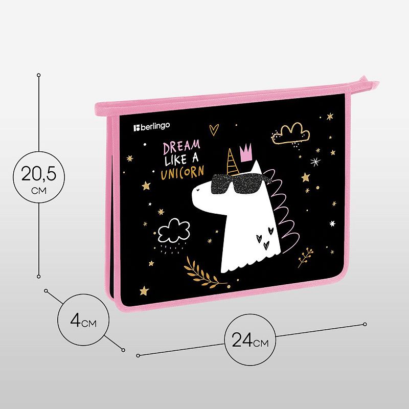 Папка для тетрадей 1 отделение, А5 Berlingo "Dream Like A Unicorn", 240*205*40 мм, пластик, на молнии 
